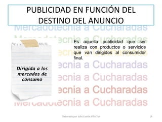PUBLICIDAD EN FUNCIÓN DEL
      DESTINO DEL ANUNCIO

                            Es aquella publicidad que ser
                            realiza con productos o servicios
                            que van dirigidos al consumidor
                            final.

Dirigida a los
mercados de
  consumo




                 Elaborado por Julia Lizette Villa Tun          14
 