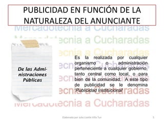 PUBLICIDAD EN FUNCIÓN DE LA
  NATURALEZA DEL ANUNCIANTE


                          Es la realizada por cualquier
                          organismo       o      administración
De las Admi-              perteneciente a cualquier gobierno,
nistraciones              tanto central como local, o para
  Públicas                bien de la comunidad. A este tipo
                          de publicidad se le denomina
                          ‘Publicidad Institucional’




               Elaborado por Julia Lizette Villa Tun              5
 