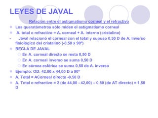 LEYES DE JAVAL
Relación entre el astigmatismo corneal y el refractivo
 Los queratómetros sólo miden el astigmatismo corneal
 A. total o refractivo = A. corneal + A. interno (cristalino)
- Javal relacionó el corneal con el total y supuso 0,50 D de A. Inverso
fisiológico del cristalino (-0,50 x 90º)
 REGLA DE JAVAL
 En A. corneal directo se resta 0,50 D
 En A. corneal inverso se suma 0,50 D
 En córnea esférica se suma 0,50 de A. inverso
 Ejemplo: OD: 42,00 x 44,00 D a 90º
 A. Total = ACorneal directo -0.50 D
 A. Total o refractivo = 2 (de 44,00 - 42,00) – 0,50 (de AT directo) = 1,50
D
 