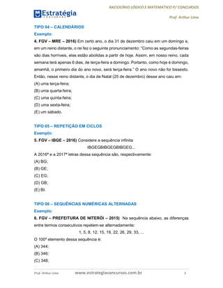 RACIOCÍNIO LÓGICO E MATEMÁTICO P/ CONCURSOS
Prof. Arthur Lima
Prof. Arthur Lima www.estrategiaconcursos.com.br 3
TIPO 04 – CALENDÁRIOS
Exemplo:
4. FGV – MRE – 2016) Em certo ano, o dia 31 de dezembro caiu em um domingo e,
em um reino distante, o rei fez o seguinte pronunciamento: “Como as segundas-feiras
são dias horríveis, elas estão abolidas a partir de hoje. Assim, em nosso reino, cada
semana terá apenas 6 dias, de terça-feira a domingo. Portanto, como hoje é domingo,
amanhã, o primeiro dia do ano novo, será terça-feira.” O ano novo não foi bissexto.
Então, nesse reino distante, o dia de Natal (25 de dezembro) desse ano caiu em:
(A) uma terça-feira;
(B) uma quarta-feira;
(C) uma quinta-feira;
(D) uma sexta-feira;
(E) um sábado.
TIPO 05 – REPETIÇÃO EM CICLOS
Exemplo:
5. FGV – IBGE – 2016) Considere a sequência infinita
IBGEGBIBGEGBIBGEG...
A 2016ª e a 2017ª letras dessa sequência são, respectivamente:
(A) BG;
(B) GE;
(C) EG;
(D) GB;
(E) BI.
TIPO 06 – SEQUÊNCIAS NUMÉRICAS ALTERNADAS
Exemplo:
6. FGV – PREFEITURA DE NITERÓI – 2015) Na sequência abaixo, as diferenças
entre termos consecutivos repetem-se alternadamente:
1, 5, 8, 12, 15, 19, 22, 26, 29, 33, ...
O 100º elemento dessa sequência é:
(A) 344;
(B) 346;
(C) 348;
 