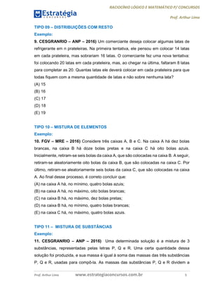 RACIOCÍNIO LÓGICO E MATEMÁTICO P/ CONCURSOS
Prof. Arthur Lima
Prof. Arthur Lima www.estrategiaconcursos.com.br 5
TIPO 09 – DISTRIBUIÇÕES COM RESTO
Exemplo:
9. CESGRANRIO – ANP – 2016) Um comerciante deseja colocar algumas latas de
refrigerante em n prateleiras. Na primeira tentativa, ele pensou em colocar 14 latas
em cada prateleira, mas sobrariam 16 latas. O comerciante fez uma nova tentativa:
foi colocando 20 latas em cada prateleira, mas, ao chegar na última, faltaram 8 latas
para completar as 20. Quantas latas ele deverá colocar em cada prateleira para que
todas fiquem com a mesma quantidade de latas e não sobre nenhuma lata?
(A) 15
(B) 16
(C) 17
(D) 18
(E) 19
TIPO 10 – MISTURA DE ELEMENTOS
Exemplo:
10. FGV – MRE – 2016) Considere três caixas A, B e C. Na caixa A há dez bolas
brancas, na caixa B há doze bolas pretas e na caixa C há oito bolas azuis.
Inicialmente, retiram-se seis bolas da caixa A, que são colocadas na caixa B. A seguir,
retiram-se aleatoriamente oito bolas da caixa B, que são colocadas na caixa C. Por
último, retiram-se aleatoriamente seis bolas da caixa C, que são colocadas na caixa
A. Ao final desse processo, é correto concluir que:
(A) na caixa A há, no mínimo, quatro bolas azuis;
(B) na caixa A há, no máximo, oito bolas brancas;
(C) na caixa B há, no máximo, dez bolas pretas;
(D) na caixa B há, no mínimo, quatro bolas brancas;
(E) na caixa C há, no máximo, quatro bolas azuis.
TIPO 11 – MISTURA DE SUBSTÂNCIAS
Exemplo:
11. CESGRANRIO – ANP – 2016) Uma determinada solução é a mistura de 3
substâncias, representadas pelas letras P, Q e R. Uma certa quantidade dessa
solução foi produzida, e sua massa é igual à soma das massas das três substâncias
P, Q e R, usadas para compô-la. As massas das substâncias P, Q e R dividem a
 