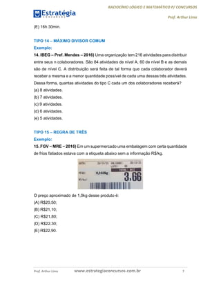 RACIOCÍNIO LÓGICO E MATEMÁTICO P/ CONCURSOS
Prof. Arthur Lima
Prof. Arthur Lima www.estrategiaconcursos.com.br 7
(E) 16h 30min.
TIPO 14 – MÁXIMO DIVISOR COMUM
Exemplo:
14. IBEG – Pref. Mendes – 2016) Uma organização tem 216 atividades para distribuir
entre seus n colaboradores. São 84 atividades de nível A, 60 de nível B e as demais
são de nível C. A distribuição será feita de tal forma que cada colaborador deverá
receber a mesma e a menor quantidade possível de cada uma dessas três atividades.
Dessa forma, quantas atividades do tipo C cada um dos colaboradores receberá?
(a) 8 atividades.
(b) 7 atividades.
(c) 9 atividades.
(d) 6 atividades.
(e) 5 atividades.
TIPO 15 – REGRA DE TRÊS
Exemplo:
15. FGV – MRE – 2016) Em um supermercado uma embalagem com certa quantidade
de frios fatiados estava com a etiqueta abaixo sem a informação R$/kg.
O preço aproximado de 1,0kg desse produto é:
(A) R$20,50;
(B) R$21,10;
(C) R$21,80;
(D) R$22,30;
(E) R$22,90.
 