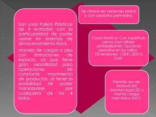 Se ofrece en versiones plana
o con pestaña perimetral.

Son unas Pallets Plásticas
de 4 entradas con la
particularidad de poder
usarse en sistemas de
almacenamiento Rack.
manejo de cargas a piso
con
limitaciones
de
espacio, ya que tiene
gran versatilidad para
operaciones
de
constante
movimiento
de productos, al tener la
posibilidad de poder
maniobrarse
por
cualquiera de los 4
lados.

Característica: Con superficie
plana (con alfajor
antideslizante) Opcional
pestañas en los orillos.
Dimensiones: 1.00X1.20X15
CMS

Permite uso de:
Manual (M)
Montacargas (E) o
Monta cargas
mecánico (MC)

 