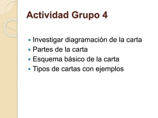 Actividad Grupo 4 
 Investigar diagramación de la carta 
 Partes de la carta 
 Esquema básico de la carta 
 Tipos de cartas con ejemplos 
 