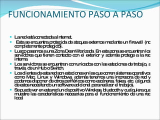 FUNCIONAMIENTO PASO A PASO La red está conectada a Internet. Esta se encuentra protegida de ataques externos mediante un firewall (no completamente protegido).  Luego pasamos a una Zona Desmilitarizada. En esta zona se encuentran los servidores que tienen contacto con el exterior y además protege a la red interna.  Los servidores se encuentran comunicados con las estaciones de trabajo, a través, de un Hub o Switch.  Los clientes de esta red son estaciones en las que corren sistemas operativos como Mac, Linux y Windows, además tenemos una impresora de red y podemos disponer de otros periféricos como escáneres, faxes, etc. (algunos de estos necesitando un software adicional para realizar el trabajo).  Se puede ver en esta red un dispositivo Wireless, bluetooth y cualquiera que muestre las características necesarias para el funcionamiento de una red local 