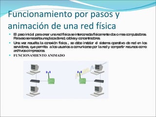 Funcionamiento por pasos y animación de una red física  El paso inicial para crear una red física se interconecta físicamente dos o mas computadoras. Para eso se necesita una placa de red, cables y concentradores. Una vez resuelta la conexión física , se debe instalar el sistema operativo de red en los servidores, que permita  a los usuarios a comunicarse por la red y compartir recursos como archivos o impresoras. FUNCIONAMIENTO ANIMADO 