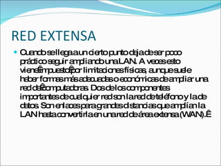 RED EXTENSA Cuando se llega a un cierto punto deja de ser poco práctico seguir ampliando una LAN. A veces esto viene impuesto por limitaciones físicas, aunque suele haber formas más adecuadas o económicas de ampliar una red de computadoras. Dos de los componentes importantes de cualquier red son la red de teléfono y la de datos. Son enlaces para grandes distancias que amplían la LAN hasta convertirla en una red de área extensa (WAN).  