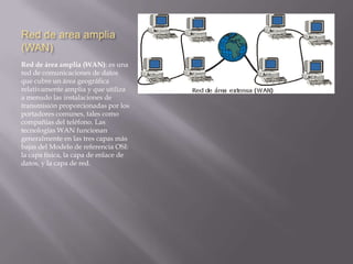 Red area Local (LAN)Red de área local (LAN): una red que se limita a un área especial relativamente pequeña tal como un cuarto, un solo edificio, una nave, o un avión. Las redes de área local a veces se llaman una sola red de la localización. Nota: Para los propósitos administrativos, LANs grande se divide generalmente en segmentos lógicos más pequeños llamados los Workgroups. Un Workgroups es un grupo de las computadoras que comparten un sistema común de recursos dentro de un LAN. 