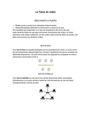 La Tipos de redes

RED PUNTO A PUNTO
Redes punto a punto (Las indicadas anteriormente).
Redes BroadCast (Difunden la información a todos en la red)
Son aquellas que responden a un tipo de arquitectura de red en las que
cada canal de datos se usa para comunicar únicamente dos nodos, en clara
oposición a las redes multipunto, en las cuales cada canal de datos se puede usar
para comunicarse con diversos nodos.

RED DE BUS
Una red en bus es aquella topología que se caracteriza por tener un único canal
de comunicaciones (denominado bus, troncal o backbone) al cual se conectan los
diferentes dispositivos. De esta forma todos los dispositivos comparten el mismo
canal para comunicarse entre sí.

RED DE ESTRELLA
Una red en estrella es una red en la cual las estaciones están conectadas
directamente a un punto central y todas las comunicaciones se han de hacer
necesariamente a través de este

RED DE ANILLO

 