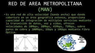 RED DE AREA METROPOLITANA
(MAN)
• Es una red de alta velocidad (banda ancha) que dando
cobertura en un área geográfica extensa, proporciona
capacidad de integración de múltiples servicios mediante
la transmisión de datos, voz y vídeo, ofrecen
velocidades de 10Mbps, 20Mbps, 45Mbps, 75Mbps, sobre
pares de cobre y 100Mbps, 1Gbps y 10Gbps mediante Fibra
Óptica.
 