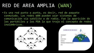 RED DE AREA AMPLIA (WAN)
• Es una red punto a punto, es decir, red de paquete
conmutado. Las redes WAN pueden usar sistemas de
comunicación vía satélite o de radio. Fue la aparición de
los portátiles y los PDA la que trajo el concepto de redes
inalámbricas.
 