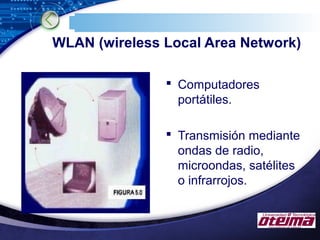 LOGO
WLAN (wireless Local Area Network)
 Computadores
portátiles.
 Transmisión mediante
ondas de radio,
microondas, satélites
o infrarrojos.
 