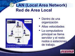 LOGO
LAN (Local Area Network)
Red de Area Local
 Dentro de una
organización
 Altas velocidades
 La computadora
principal se llama
servidor y el resto
nodos o estaciones
de trabajo.
 