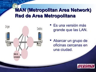 LOGO
MAN (Metropolitan Area Network)MAN (Metropolitan Area Network)
Red de Area MetropolitanaRed de Area Metropolitana
 Es una versión más
grande que las LAN.
 Abarcar un grupo de
oficinas cercanas en
una ciudad.
 