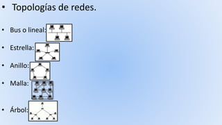 • Topologías de redes.
• Bus o lineal:
• Estrella:
• Anillo:
• Malla:
• Árbol:
 