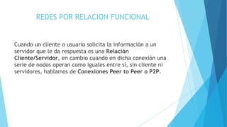 REDES POR RELACION FUNCIONAL
Cuando un cliente o usuario solicita la información a un
servidor que le da respuesta es una Relación
Cliente/Servidor, en cambio cuando en dicha conexión una
serie de nodos operan como iguales entre sí, sin cliente ni
servidores, hablamos de Conexiones Peer to Peer o P2P.
 