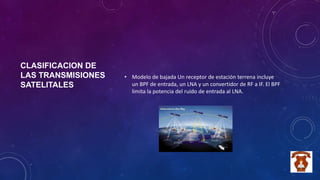 CLASIFICACION DE
LAS TRANSMISIONES
SATELITALES
• Modelo de bajada Un receptor de estación terrena incluye
un BPF de entrada, un LNA y un convertidor de RF a IF. El BPF
limita la potencia del ruido de entrada al LNA.
 