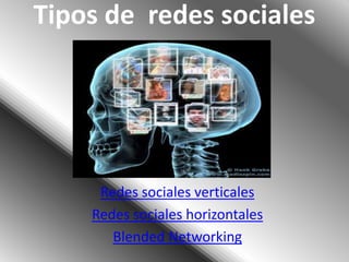 Tipos de redes sociales




     Redes sociales verticales
    Redes sociales horizontales
       Blended Networking
 