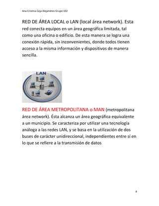Ana Cristina Ceja Alejandres Grupo 102 
4 
RED DE ÁREA LOCAL o LAN (local área network). Esta red conecta equipos en un área geográfica limitada, tal como una oficina o edificio. De esta manera se logra una conexión rápida, sin inconvenientes, donde todos tienen acceso a la misma información y dispositivos de manera sencilla. 
RED DE ÁREA METROPOLITANA o MAN (metropolitana área network). Ésta alcanza un área geográfica equivalente a un municipio. Se caracteriza por utilizar una tecnología análoga a las redes LAN, y se basa en la utilización de dos buses de carácter unidireccional, independientes entre sí en lo que se refiere a la transmisión de datos 
 