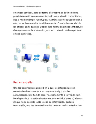 Ana Cristina Ceja Alejandres Grupo 102 
10 
en ambos sentidos, pero de forma alternativa, es decir solo uno puede transmitir en un momento dado, no pudiendo transmitir los dos al mismo tiempo. FuIl-Dúplex.- La transacción se puede llevar a cabo en ambos sentidos simultáneamente. Cuando la velocidad de los enlaces Semi-dúplex y Dúplex es la misma en ambos sentidos, se dice que es un enlace simétrico, en caso contrario se dice que es un enlace asimétrico. 
Red en estrella 
Una red en estrella es una red en la cual las estaciones están conectadas directamente a un punto central y todas las comunicaciones se han de hacer necesariamente a través de éste. Los dispositivos no están directamente conectados entre sí, además de que no se permite tanto tráfico de información. Dada su transmisión, una red en estrella activa tiene un nodo central activo  