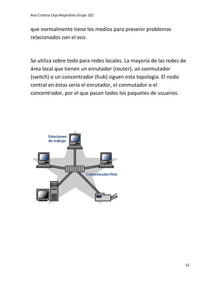 Ana Cristina Ceja Alejandres Grupo 102 
11 
que normalmente tiene los medios para prevenir problemas relacionados con el eco. 
Se utiliza sobre todo para redes locales. La mayoría de las redes de área local que tienen un enrutador (router), un conmutador (switch) o un concentrador (hub) siguen esta topología. El nodo central en éstas sería el enrutador, el conmutador o el concentrador, por el que pasan todos los paquetes de usuarios. 
 