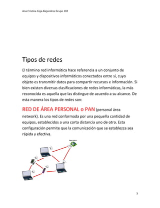 Ana Cristina Ceja Alejandres Grupo 102 
3 
Tipos de redes 
El término red informática hace referencia a un conjunto de equipos y dispositivos informáticos conectados entre sí, cuyo objeto es transmitir datos para compartir recursos e información. Si bien existen diversas clasificaciones de redes informáticas, la más reconocida es aquella que las distingue de acuerdo a su alcance. De esta manera los tipos de redes son: 
RED DE ÁREA PERSONAL o PAN (personal área network). Es una red conformada por una pequeña cantidad de equipos, establecidos a una corta distancia uno de otro. Esta configuración permite que la comunicación que se establezca sea rápida y efectiva. 
 