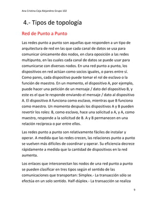 Ana Cristina Ceja Alejandres Grupo 102 
9 
4.- Tipos de topología 
Red de Punto a Punto 
Las redes punto a punto son aquellas que responden a un tipo de arquitectura de red en las que cada canal de datos se usa para comunicar únicamente dos nodos, en clara oposición a las redes multipunto, en las cuales cada canal de datos se puede usar para comunicarse con diversos nodos. En una red punto a punto, los dispositivos en red actúan como socios iguales, o pares entre sí. Como pares, cada dispositivo puede tomar el rol de esclavo o la función de maestro. En un momento, el dispositivo A, por ejemplo, puede hacer una petición de un mensaje / dato del dispositivo B, y este es el que le responde enviando el mensaje / dato al dispositivo A. El dispositivo A funciona como esclavo, mientras que B funciona como maestro. Un momento después los dispositivos A y B pueden revertir los roles: B, como esclavo, hace una solicitud a A, y A, como maestro, responde a la solicitud de B. A y B permanecen en una relación recíproca o par entre ellos. 
Las redes punto a punto son relativamente fáciles de instalar y operar. A medida que las redes crecen, las relaciones punto a punto se vuelven más difíciles de coordinar y operar. Su eficiencia decrece rápidamente a medida que la cantidad de dispositivos en la red aumenta. 
Los enlaces que interconectan los nodos de una red punto a punto se pueden clasificar en tres tipos según el sentido de las comunicaciones que transportan: Simplex.- La transacción sólo se efectúa en un solo sentido. Half-dúpIex.- La transacción se realiza  