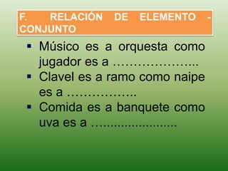 F. RELACIÓN DE ELEMENTO - 
CONJUNTO 
 Músico es a orquesta como 
jugador es a ………………... 
 Clavel es a ramo como naipe 
es a …………….. 
 Comida es a banquete como 
uva es a …..................... 
 