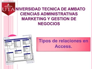 UNIVERSIDAD TECNICA DE AMBATOCIENCIAS ADMINISTRATIVASMARKETING Y GESTION DE NEGOCIOS Tipos de relaciones en Access. 