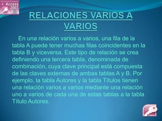 RELACIONES VARIOS A VARIOS☻En una relación varios a varios, una fila de la tabla A puede tener muchas filas coincidentes en la tabla B y viceversa. Este tipo de relación se crea definiendo una tercera tabla, denominada de combinación, cuya clave principal está compuesta de las claves externas de ambas tablas A y B. Por ejemplo, la tabla Autores y la tabla Títulos tienen una relación varios a varios mediante una relación uno a varios de cada una de estas tablas a la tabla Título Autores. 