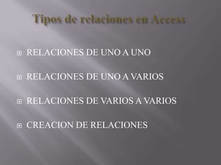 Tipos de relaciones en AccessRELACIONES DE UNO A UNORELACIONES DE UNO A VARIOSRELACIONES DE VARIOS A VARIOS CREACION DE RELACIONES