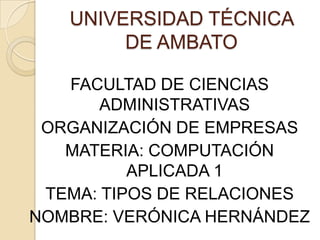 UNIVERSIDAD TÉCNICA DE AMBATO FACULTAD DE CIENCIAS ADMINISTRATIVAS ORGANIZACIÓN DE EMPRESAS MATERIA: COMPUTACIÓN APLICADA 1 TEMA: TIPOS DE RELACIONES NOMBRE: VERÓNICA HERNÁNDEZ 