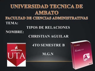 UNIVERSIDAD TECNICA DE AMBATOFACULTAD DE CIENCIAS ADMINISTRATIVAS TEMA:                             TIPOS DE RELACIONESNOMBRE:                        CHRISTIAN AGUILAR                           4to SEMESTRE B                                     M.G.N 