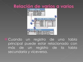 Cuando un registro de una tabla principal puede estar relacionado con más de un registro de la tabla secundaria y viceversa. 