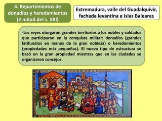4. Repartimientos de
donadíos y heredamientos
(2 mitad del s. XIII)
-Los reyes otorgaron grandes territorios a los nobles y soldados
que participaron en la conquista militar: donadíos (grandes
latifundios en manos de la gran nobleza) o heredamientos
(propiedades más pequeñas). El nuevo tipo de estructura se
basó en la gran propiedad mientras que en las ciudades se
organizaron concejos.
Extremadura, valle del Guadalquivir,
fachada levantina e Islas Baleares
 