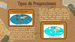 Tipos de Proyecciones
Proyección Mollweide
En ella se aprecia nuestro planeta de
manera casi cilíndrica (pseudocilíndrica), y
donde los continentes aparecen en una
misma cara; como si en la parte posterior
no hubiese nada. Los paralelos aparecen
como líneas rectas, mientras que los
meridianos como semicírculos.
Proyección pseudocilíndrica. El ecuador
y el meridiano central se proyectan
como dos líneas rectas perpendiculares.
El meridiano central mide la mitad del
ecuador proyectado. Dos meridianos, los
situados a 90°este y 90° oeste del
meridiano central, se proyectan como un
círculo.
Proyección Mollweide
 