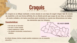 Un croquis es un dibujo realizado a mano alzada en una hoja sin seguir ningún tipo de escala
de medición y sin una forma definida. Es un diseño previo que surge de una idea, se elabora
sin tanto cuidado y sin tanta exactitud, pero teniendo en cuenta las dimensiones de todos
los elementos que los integran.
Croquis
Se trata de un borrador
Se hace a mano alzada
Suele emplearse a lápiz
Se añaden enmiendas, anotaciones y
detalles.
Características:
Al mismo tiempo, ciertos croquis pueden emplearse con un propósito
educativo.
 