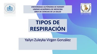 TIPOS DE
RESPIRACIÓN
Yailyn Zuleyka Virgen González
UNIVERSIDAD AUTÓNOMA DE NAYARIT
UNIDAD ACADÉMICA DE MEDICINA
ÁREA DE CIENCIAS DE LA SALUD
 