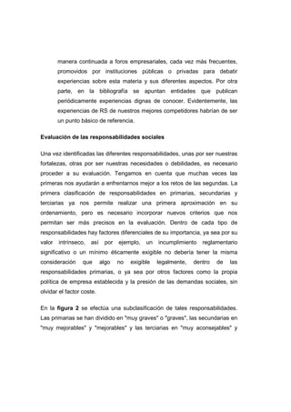 manera continuada a foros empresariales, cada vez más frecuentes,
promovidos por instituciones públicas o privadas para debatir
experiencias sobre esta materia y sus diferentes aspectos. Por otra
parte, en la bibliografía se apuntan entidades que publican
periódicamente experiencias dignas de conocer. Evidentemente, las
experiencias de RS de nuestros mejores competidores habrían de ser
un punto básico de referencia.
Evaluación de las responsabilidades sociales
Una vez identificadas las diferentes responsabilidades, unas por ser nuestras
fortalezas, otras por ser nuestras necesidades o debilidades, es necesario
proceder a su evaluación. Tengamos en cuenta que muchas veces las
primeras nos ayudarán a enfrentarnos mejor a los retos de las segundas. La
primera clasificación de responsabilidades en primarias, secundarias y
terciarias ya nos permite realizar una primera aproximación en su
ordenamiento, pero es necesario incorporar nuevos criterios que nos
permitan ser más precisos en la evaluación. Dentro de cada tipo de
responsabilidades hay factores diferenciales de su importancia, ya sea por su
valor intrínseco, así por ejemplo, un incumplimiento reglamentario
significativo o un mínimo éticamente exigible no debería tener la misma
consideración que algo no exigible legalmente, dentro de las
responsabilidades primarias, o ya sea por otros factores como la propia
política de empresa establecida y la presión de las demandas sociales, sin
olvidar el factor coste.
En la figura 2 se efectúa una subclasificación de tales responsabilidades.
Las primarias se han dividido en "muy graves" o "graves", las secundarias en
"muy mejorables" y "mejorables" y las terciarias en "muy aconsejables" y
 