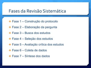Fases da Revisão Sistemática

 Fase 1 – Construção do protocolo

 Fase 2 – Elaboração da pergunta

 Fase 3 – Busca dos estudos

 Fase 4 – Seleção dos estudos

 Fase 5 – Avaliação crítica dos estudos

 Fase 6 – Coleta de dados

 Fase 7 – Síntese dos dados
 