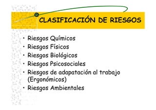 CLASIFICACIÓN DE RIESGOS
• Riesgos Químicos
• Riesgos Físicos
• Riesgos Biológicos
• Riesgos Psicosociales
• Riesgos de adapatación al trabajo
(Ergonómicos)
• Riesgos Ambientales