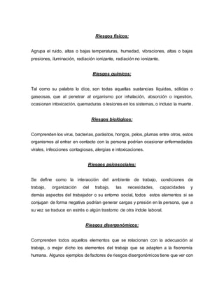 Riesgos físicos:
Agrupa el ruido, altas o bajas temperaturas, humedad, vibraciones, altas o bajas
presiones, iluminación, radiación ionizante, radiación no ionizante.
Riesgos químicos:
Tal como su palabra lo dice, son todas aquellas sustancias líquidas, sólidas o
gaseosas, que al penetrar al organismo por inhalación, absorción o ingestión,
ocasionan intoxicación, quemaduras o lesiones en los sistemas, o incluso la muerte.
Riesgos biológicos:
Comprenden los virus, bacterias, parásitos, hongos, pelos, plumas entre otros, estos
organismos al entrar en contacto con la persona podrían ocasionar enfermedades
virales, infecciones contagiosas, alergias e intoxicaciones.
Riesgos psicosociales:
Se define como la interacción del ambiente de trabajo, condiciones de
trabajo, organización del trabajo, las necesidades, capacidades y
demás aspectos del trabajador o su entorno social, todos estos elementos si se
conjugan de forma negativa podrían generar cargas y presión en la persona, que a
su vez se traduce en estrés o algún trastorno de otra índole laboral.
Riesgos disergonómicos:
Comprenden todos aquellos elementos que se relacionan con la adecuación al
trabajo, o mejor dicho los elementos del trabajo que se adapten a la fisonomía
humana. Algunos ejemplos de factores de riesgos disergonómicos tiene que ver con
 