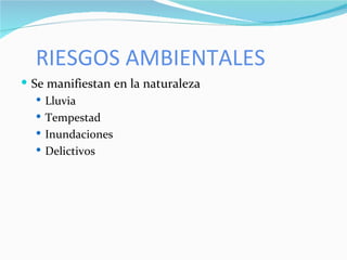 RIESGOS AMBIENTALES Se manifiestan en la naturaleza Lluvia Tempestad Inundaciones Delictivos 