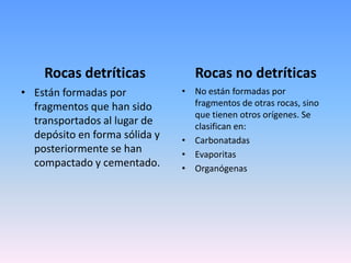 Rocas detríticas
• Están formadas por
fragmentos que han sido
transportados al lugar de
depósito en forma sólida y
posteriormente se han
compactado y cementado.
Rocas no detríticas
• No están formadas por
fragmentos de otras rocas, sino
que tienen otros orígenes. Se
clasifican en:
• Carbonatadas
• Evaporitas
• Organógenas
 