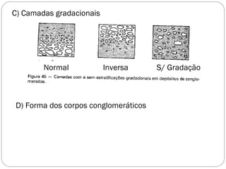 C) Camadas gradacionais  D) Forma dos corpos conglomeráticos  Normal   Inversa S/ Gradação  