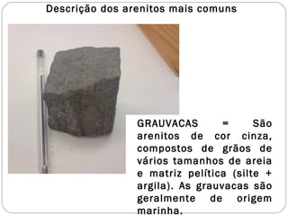 Descrição dos arenitos mais comuns GRAUVACAS = São arenitos de cor cinza, compostos de grãos de vários tamanhos de areia e matriz pelítica (silte + argila). As grauvacas são geralmente de origem marinha. 