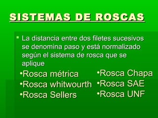 SISTEMAS DE ROSCAS

 La distancia entre dos filetes sucesivos
  se denomina paso y está normalizado
  según el sistema de rosca que se
  aplique
 •Rosca métrica           •Rosca Chapa
 •Rosca whitwourth        •Rosca SAE
 •Rosca Sellers           •Rosca UNF
 