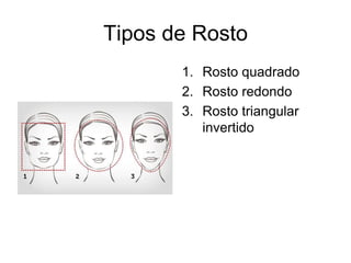 Tipos de Rosto
1. Rosto quadrado
2. Rosto redondo
3. Rosto triangular
invertido

 
