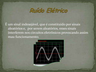 É um sinal indesejável, que é constituído por sinais
  aleatórios e, por serem aleatórios, esses sinais
  interferem nos circuitos eletrônicos provocando assim
  mau funcionamento.
 