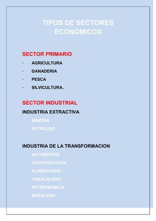 TIPOS DE SECTORES
           ECONOMICOS


SECTOR PRIMARIO
·   AGRICULTURA
·   GANADERIA
·   PESCA
·   SILVICULTURA.


SECTOR INDUSTRIAL
INDUSTRIA EXTRACTIVA
·   MINERIA
·   PETROLEO



INDUSTRIA DE LA TRANSFORMACION
·   AUTOMOTRIZ
·   CONSTRUCCION
·   ALIMENTARIA
·   TABACALERA
·   PETROQUIMICA
·   MUEBLERA
 